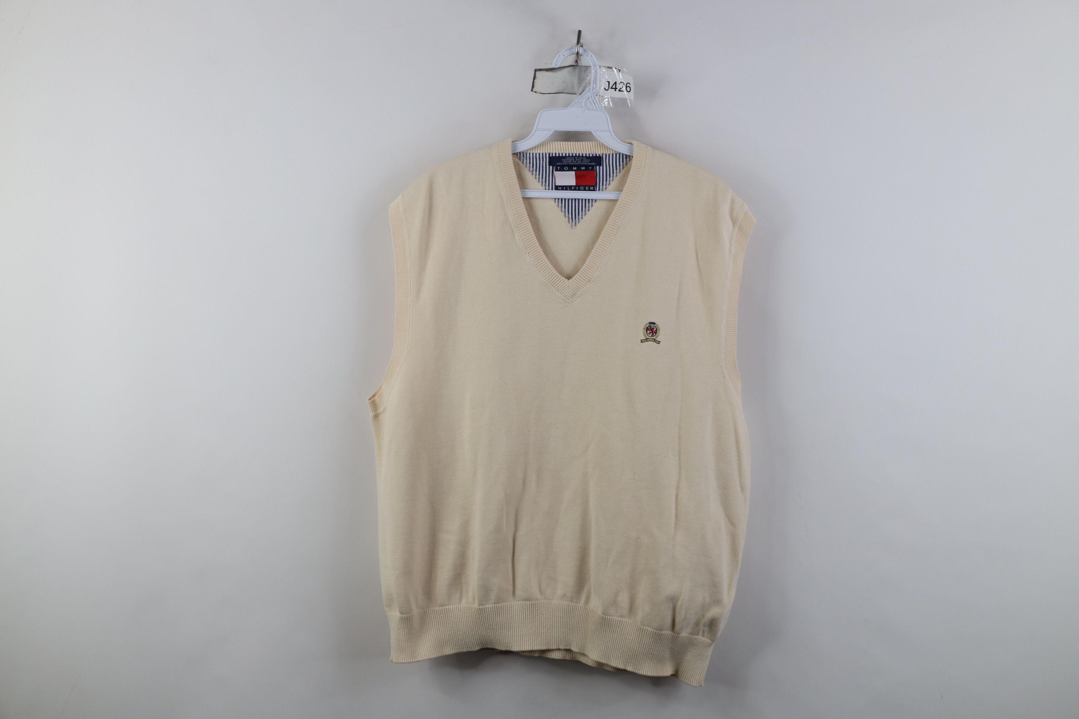 Tommy Hilfiger Vintage 90s Tommy Hilfiger Knit V-Neck Sweater Vest Beige Size US XL / EU 56 / 4 - 1 Thumbnail