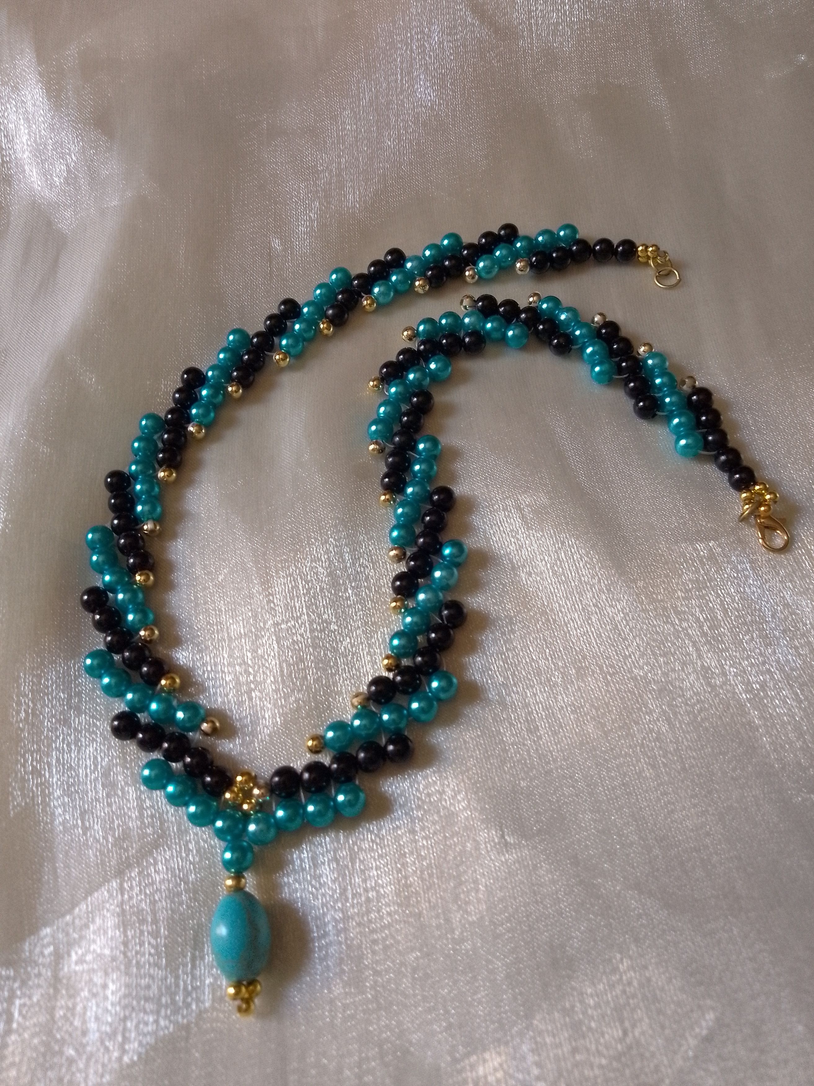 Handmade Necklace pearls choker with turquoise pendant gemstone Size ONE SIZE - 1 Thumbnail