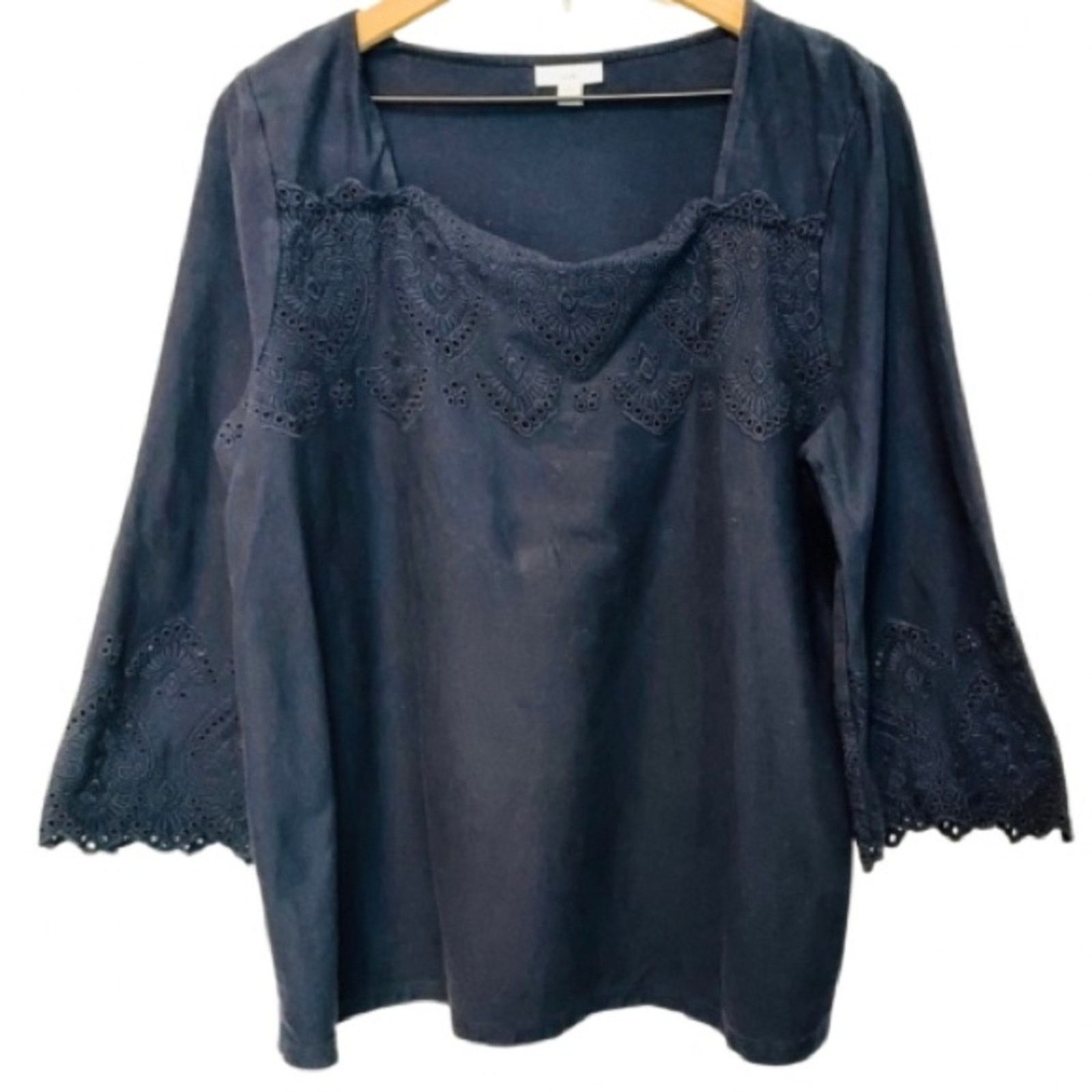 J. Jill J.Jill Navy Blue Cotton Eyelet Lace Scallop Shirt Blouse Top Size L / US 10 / IT 46 - 1 Thumbnail