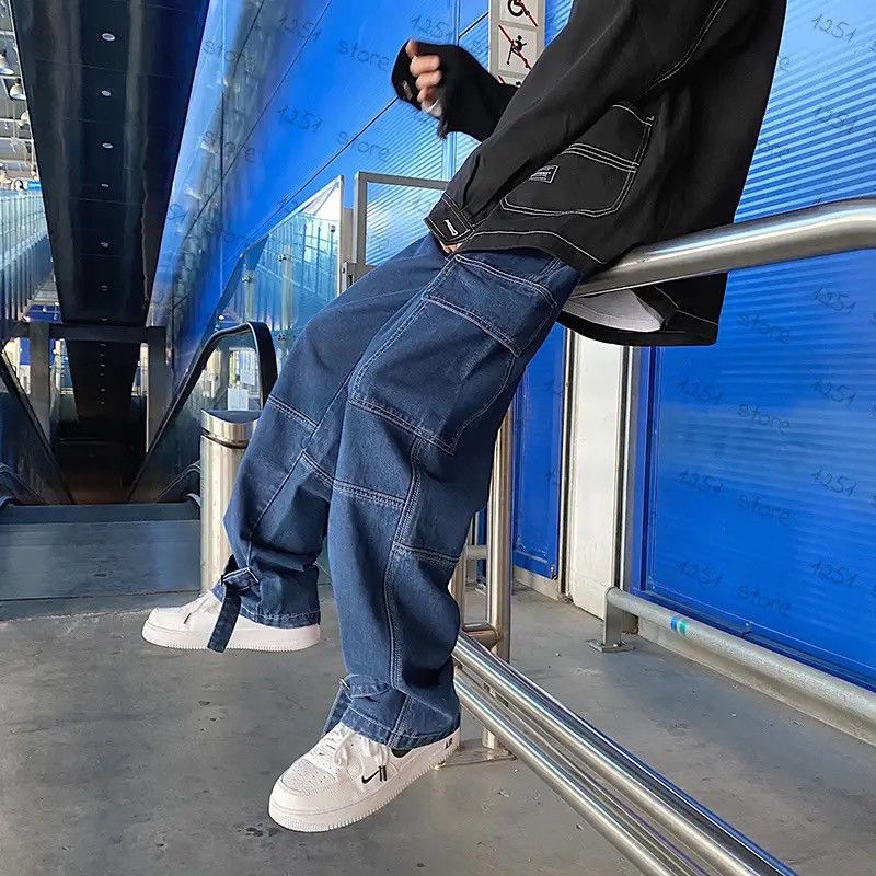 image of Distressed Denim Blue Loose Straight Baggy Denim Pant, Men's (Size 29)