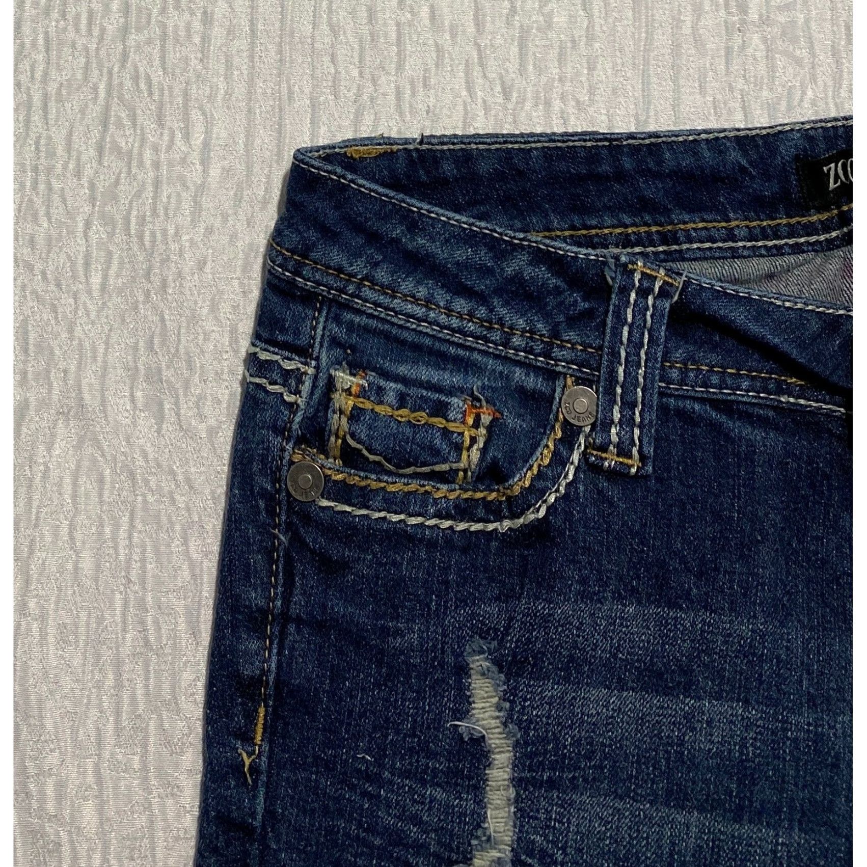 Vintage ZCO Jeans Premium Blue Bootcut Jeans Distressed Embellished 5-Pocket Design Low Rise Size 5 Womens Jeans Size 27" / US 4 / IT 40 - 4 Thumbnail