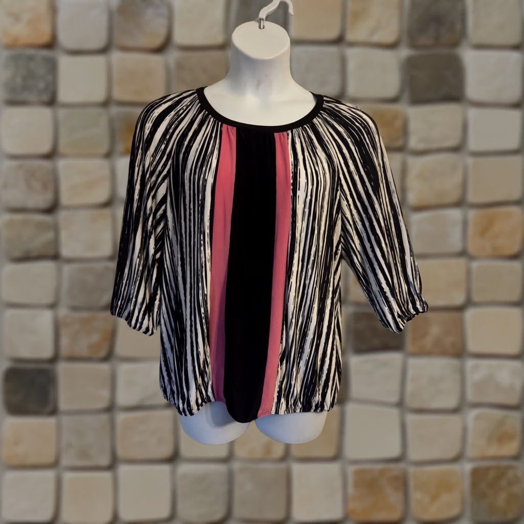 Pinko New Directions Woman Pink Black White Colorblock Stripe Top Boho 1X Plus Size XL / US 12-14 / IT 48-50 - 1 Thumbnail