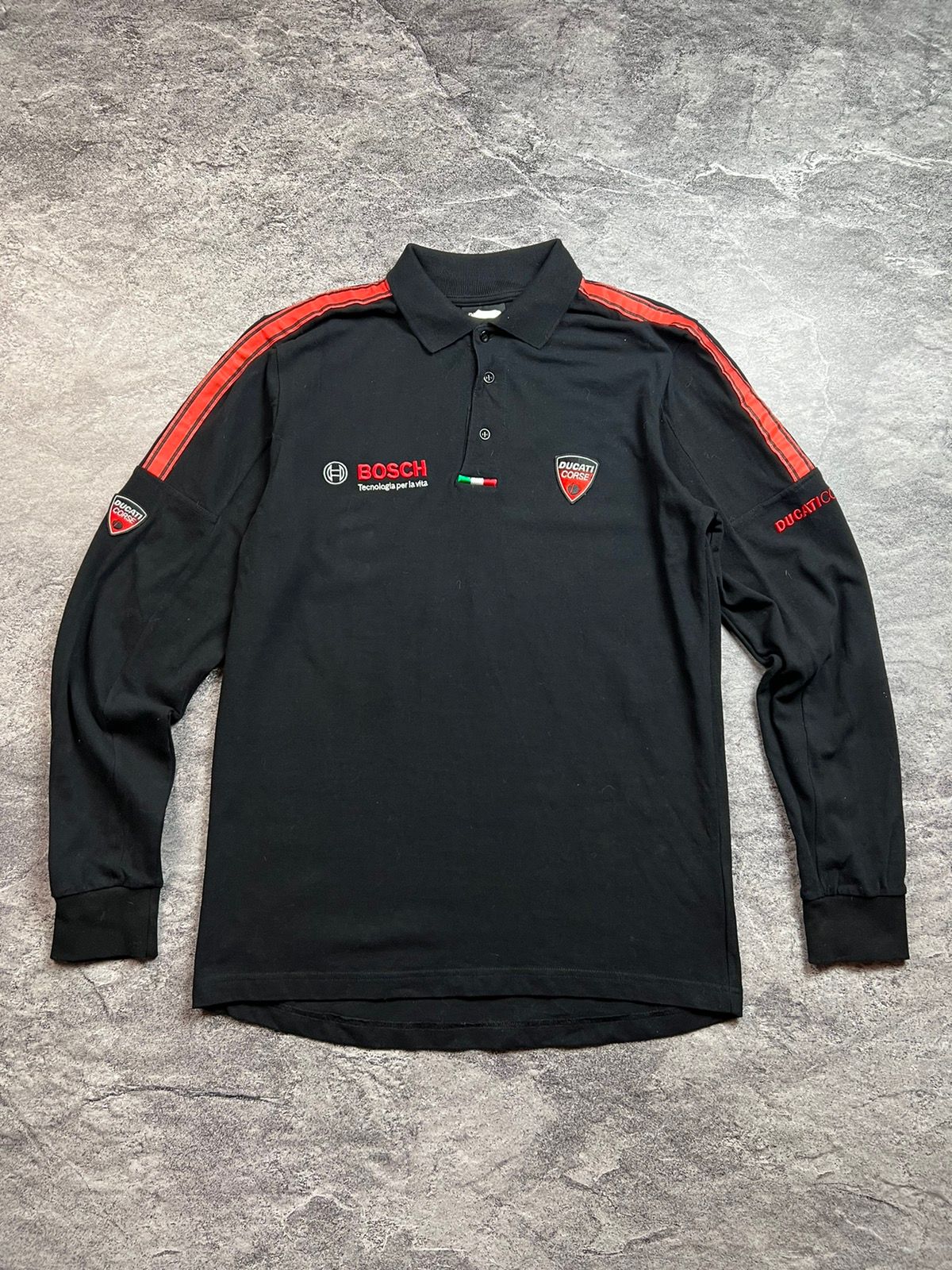 Pre-owned Ducati X Racing Y2k Ducati Corse Italia Striped Motorsport Rugby Polo Tee In Black