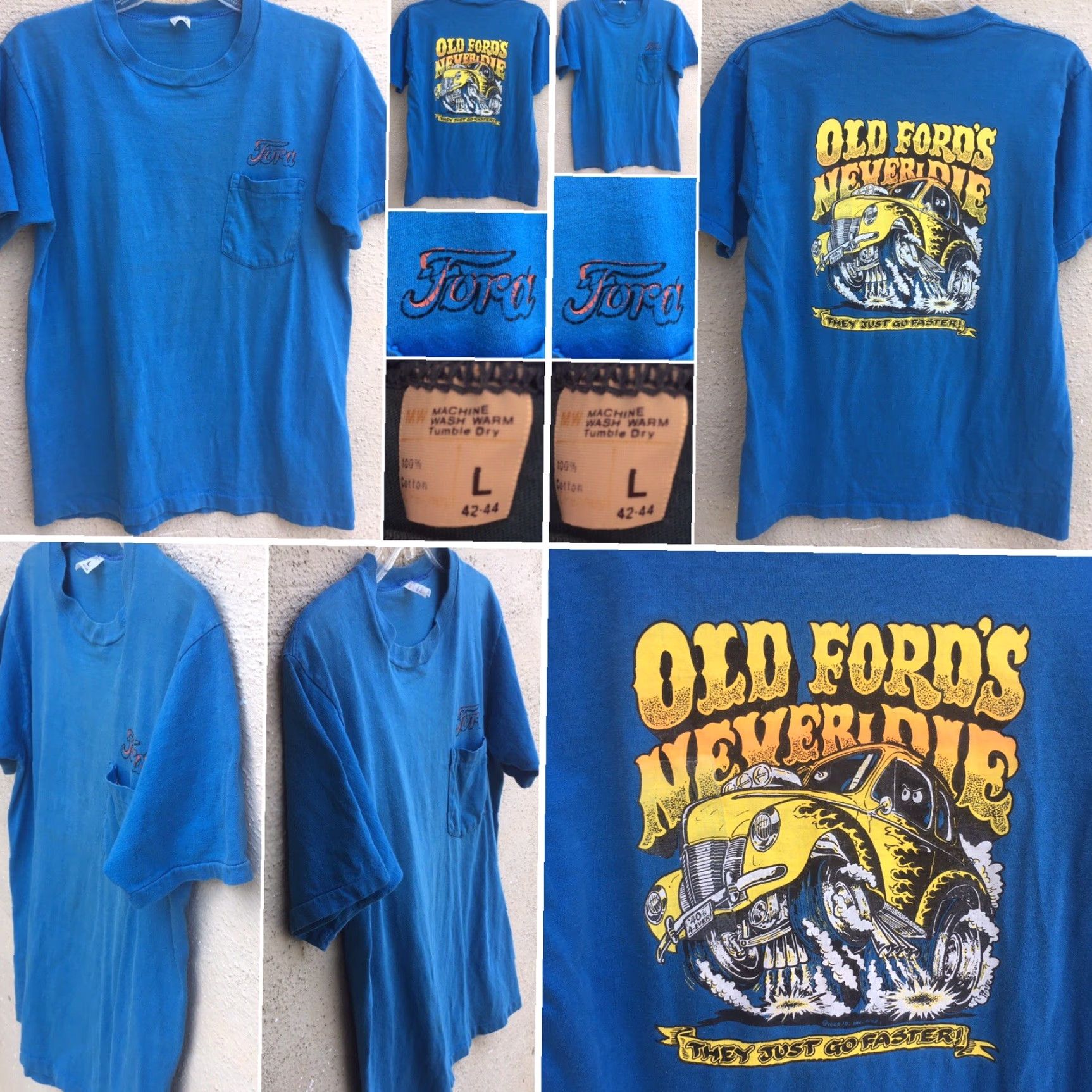 JCPenney Vintage Ford Pocket Tee Old Fords Never Die They Just Get Faster Iron On T-Shirt Shirt Men L Blue 1970s Graphic JC Penney Vintage Ford Pocket Tee Size US L / EU 52-54 / 3 - 5 Thumbnail