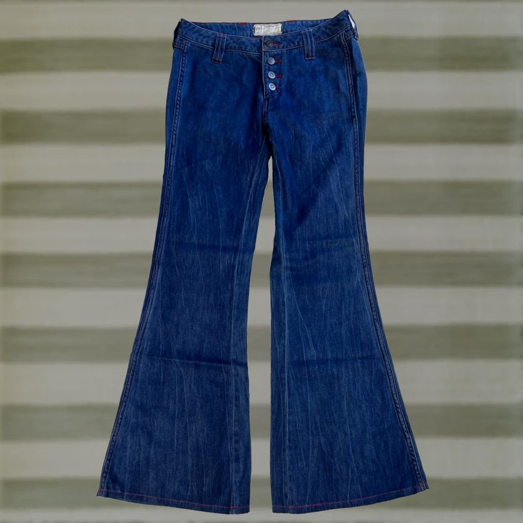 Free People VINTAGE Women's Free People Flare Jeans Boho Embroidered Sz 25 Blue Cotton Denim 31in Inseam Womens Baggy Flared Bohemian 25 Jeans Size 42" / US 20 - 1 Thumbnail