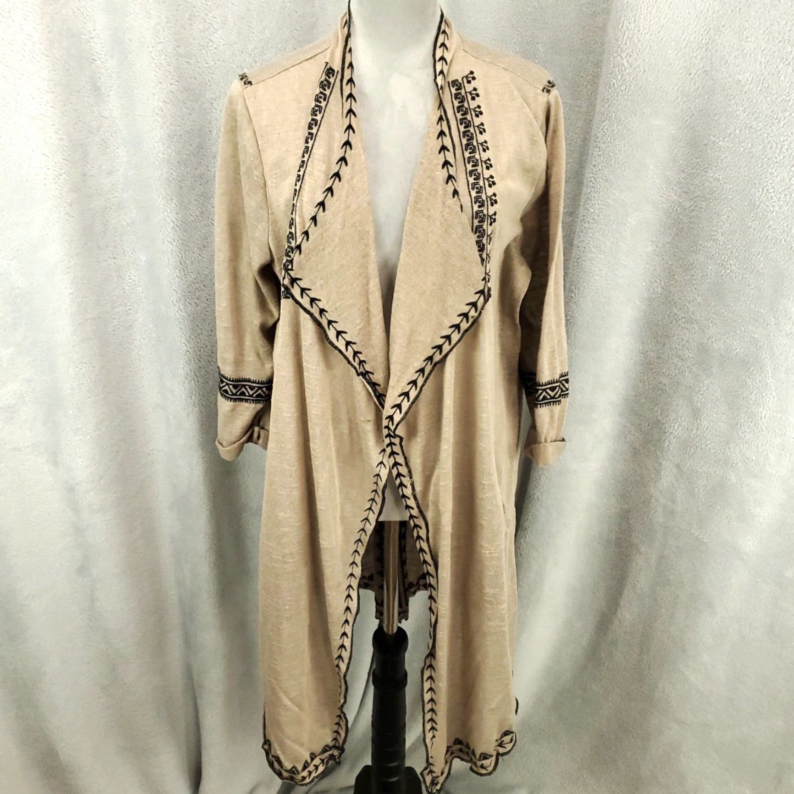 Vintage John Mark Cardigan Womens XL Tan Black Geometric Knit Open Front Flowy Sweater Size XL / US 12-14 / IT 48-50 - 2 Thumbnail