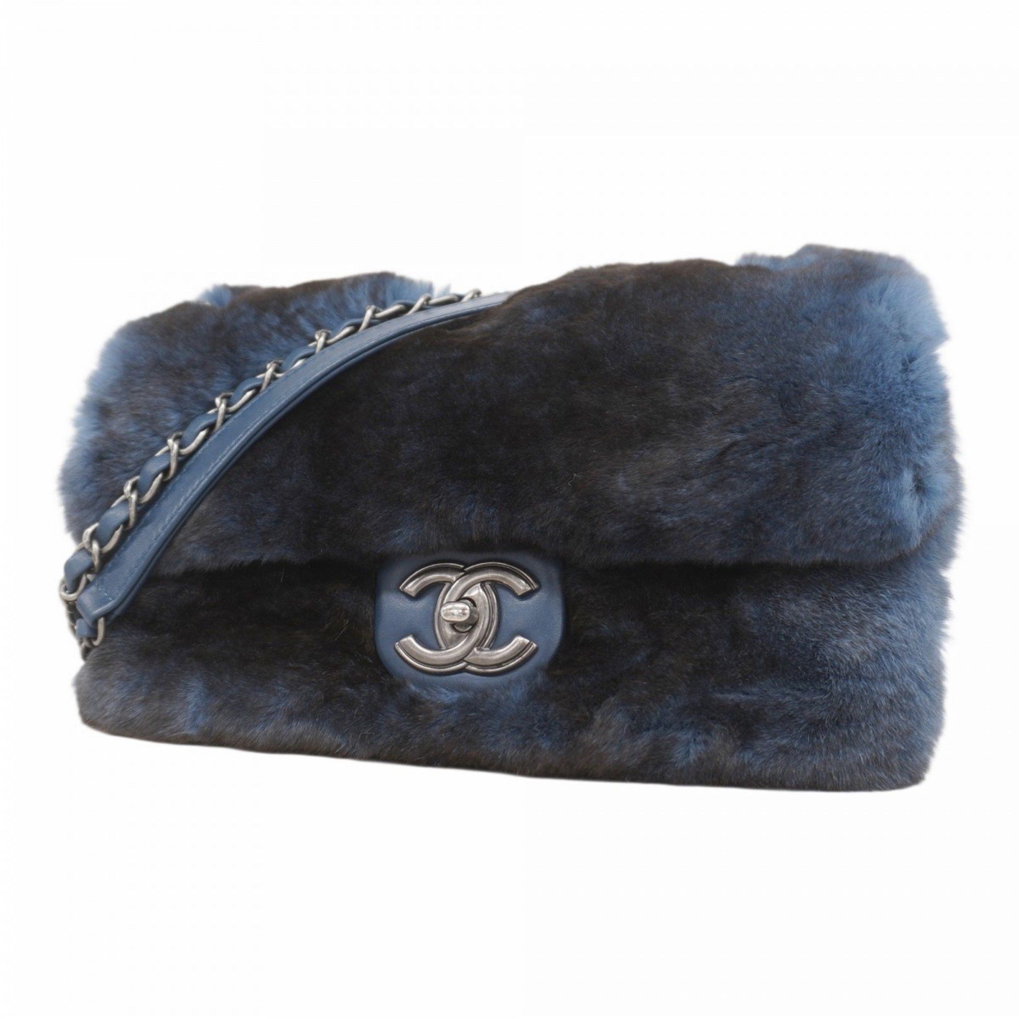 Chanel Shoulder Bag W Chain Fur Blue Women's