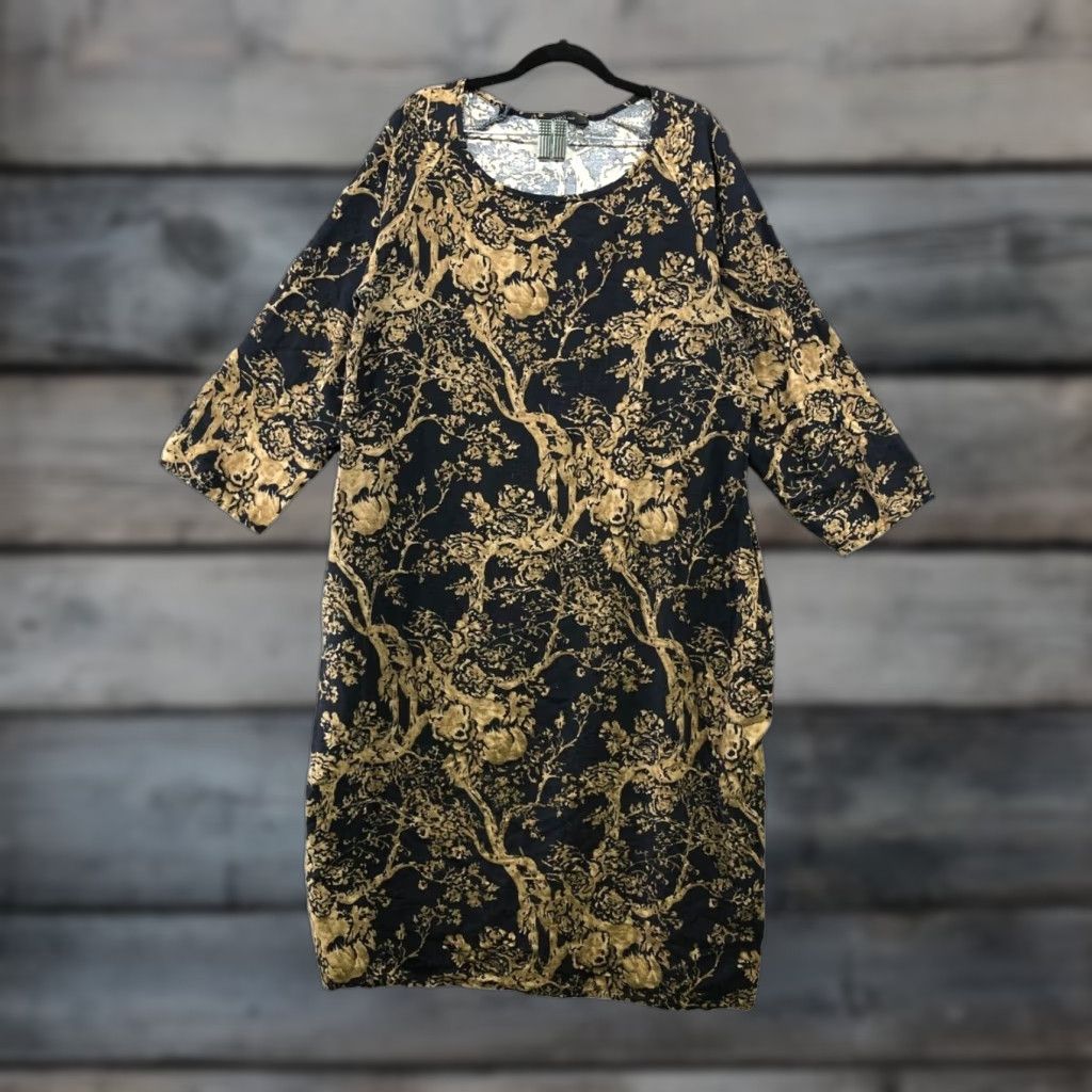 Vintage ZANZEA Dress Womens Black Brown Tree Print Shift Midi Bohemian Lightweight 3/4 Sleeve Crewneck L Large Regular Cotton Muslin Size L / US 10 / IT 46 - 1 Thumbnail