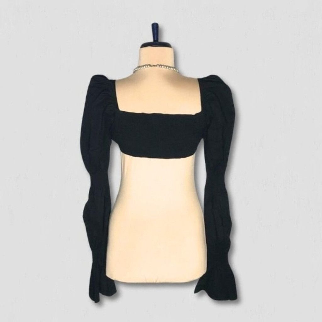 Vintage Boho Cropped Top Tie Front Ruched Puff Long Sleeve Black L Size L / US 10 / IT 46 - 2 Thumbnail