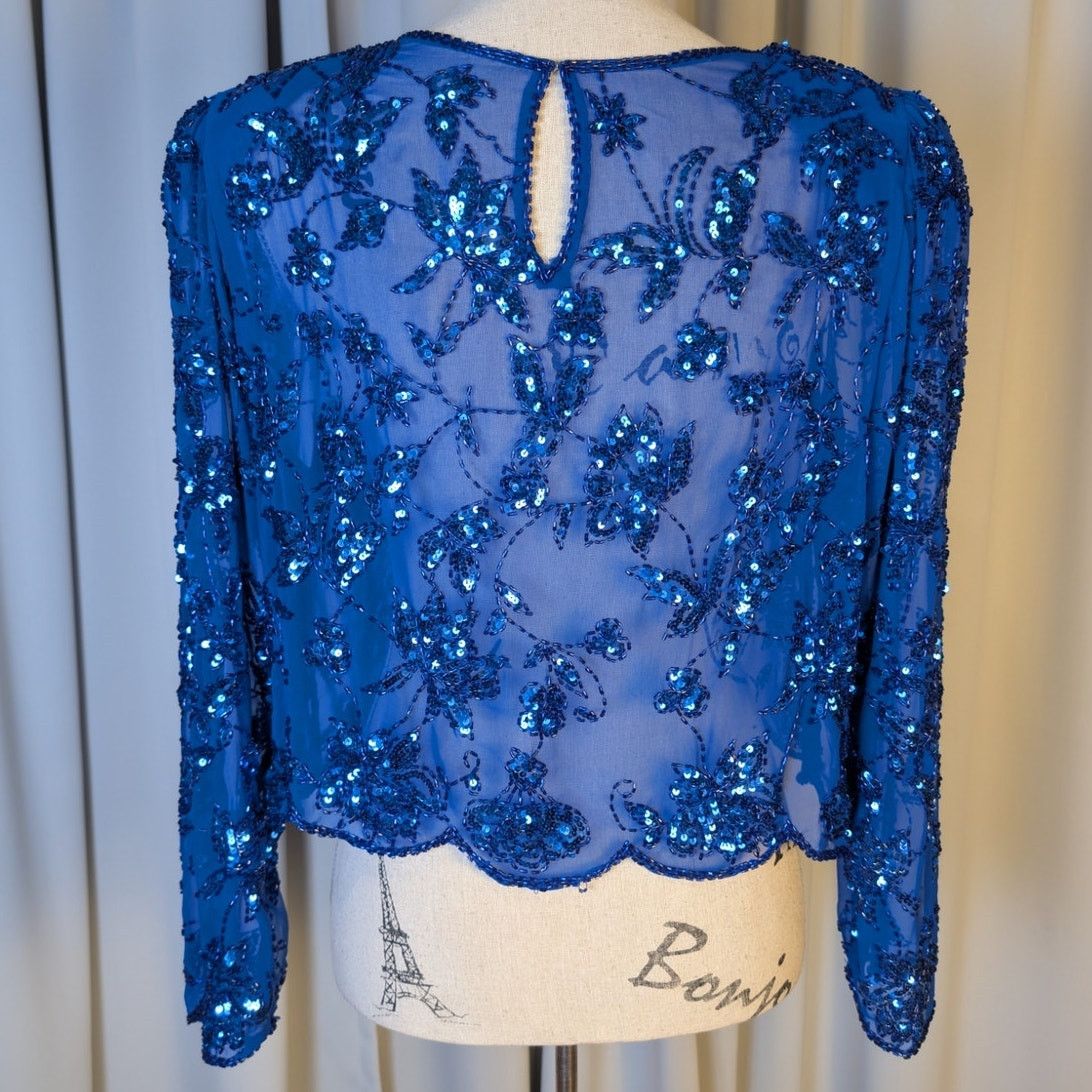 Vintage Vintage 80s Blue Sequin Beaded Silk Sheer Crop Top Floral Size S / US 4 / IT 40 - 15 Thumbnail