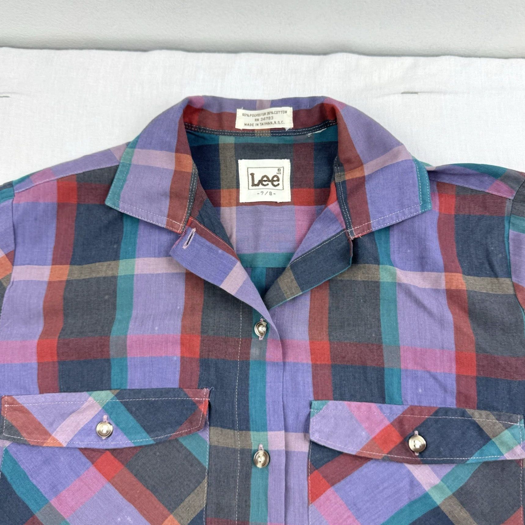 Lee VINTAGE Lee Button-Up Shirt Womens 7/8 Purple Plaid Long Sleeve 1980s 70s Classic Hipster Size M / US 6-8 / IT 42-44 - 2 Thumbnail