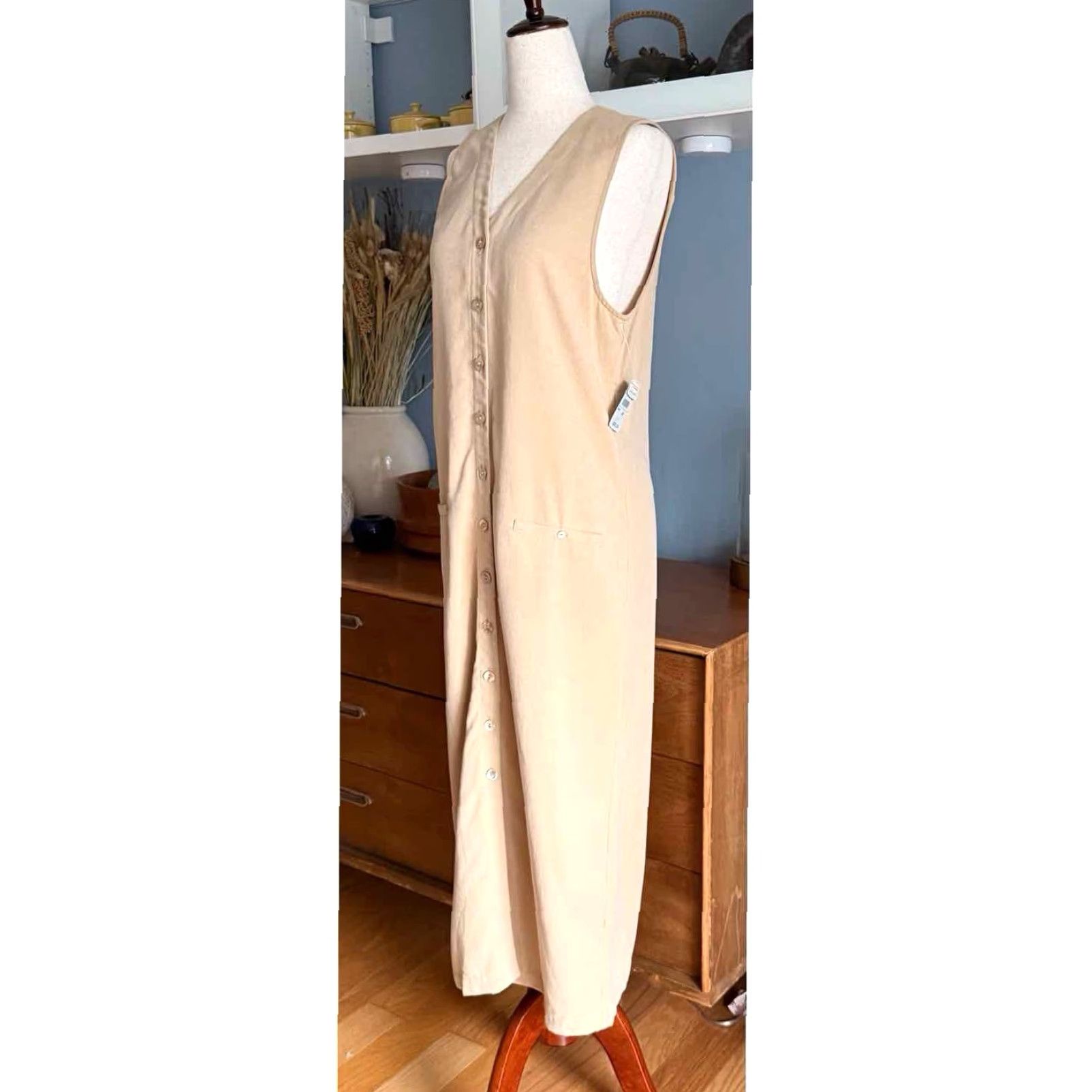 Talbots VINTAGE Talbots Linen Blend Button Front V-Neck Sleeveless Midi Maxi Dress Beige 4P Women Petite 90s 47.5” Size S / US 4 / IT 40 - 3 Thumbnail