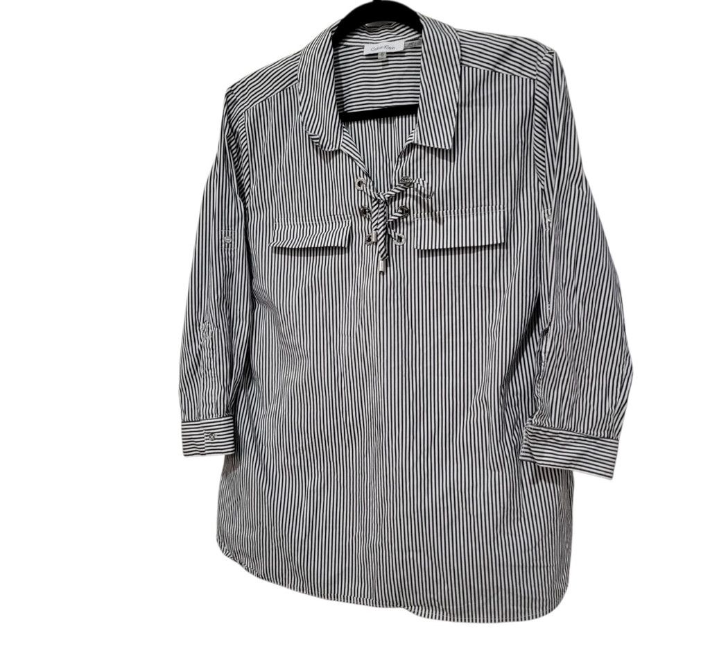 Calvin Klein Calvin Klein Women Black White Front Tie Roll-Tab Blouse XL Size XL / US 12-14 / IT 48-50 - 4 Thumbnail