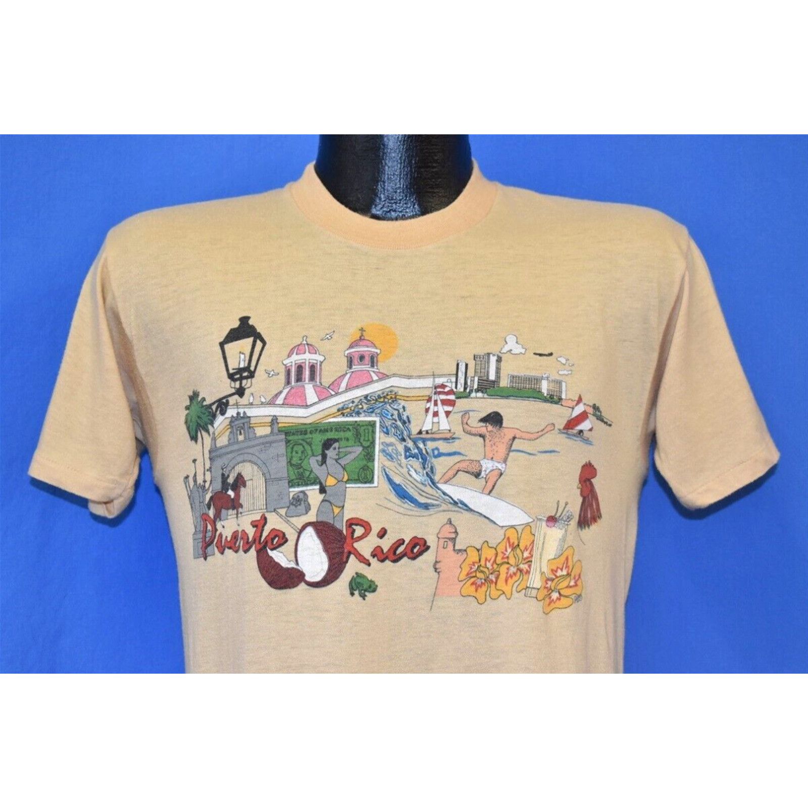 image of Vintage 80's Puerto Rico Surf Sunset Beach Waves Souvenir Tourist T-Shirt Small S in White, Men's