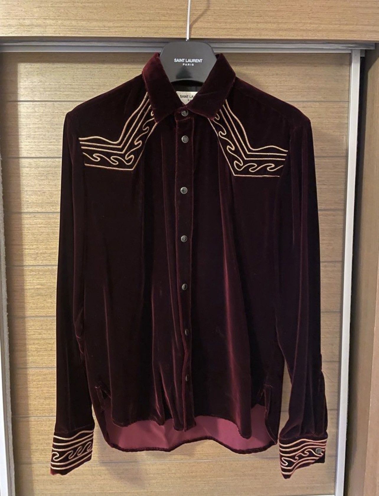 image of Anthony Vaccarello x Saint Laurent Paris Saint Laurent Red Velvet Shirt, Men's (Size Small)