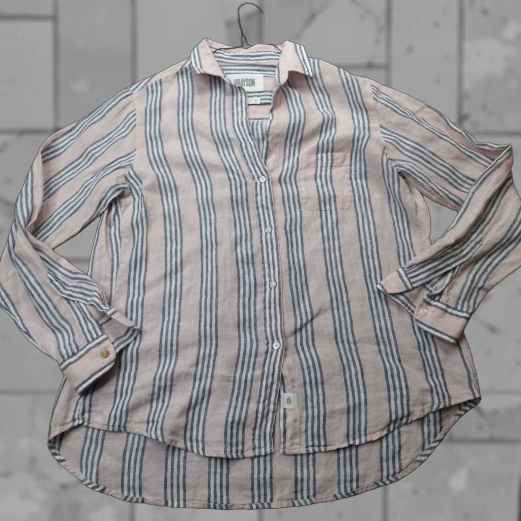 Pinko Grayson Shirt M Pink Striped Oversized 100% Linen Womens Button-Up Casual, 3, Collared, Long Sleeve, Regular, Basic, Fall Spring Summer, Vintage: No Size M / US 6-8 / IT 42-44 - 1 Thumbnail