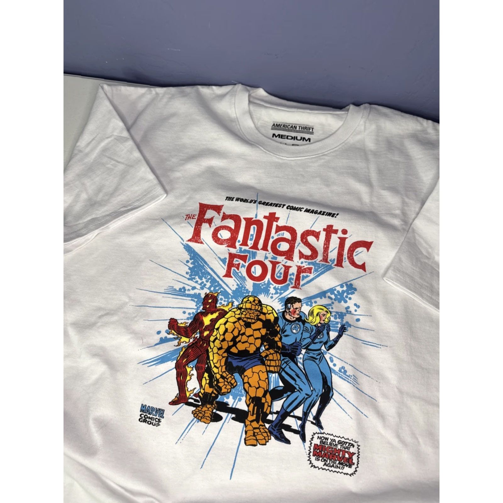 Vintage American Thrift Fantastic 4 Four Front & Back Print Retro T Shirt Tee Sz M White Men M Shirt Size US M / EU 48-50 / 2 - 3 Thumbnail