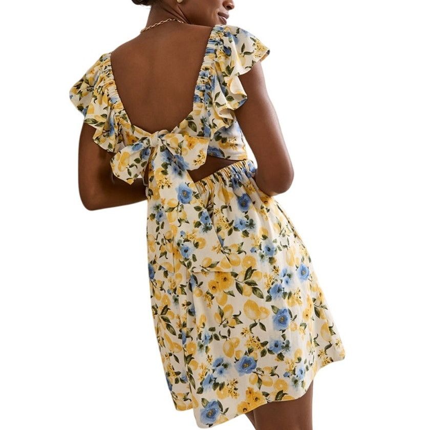 Other Francesca's Yellow Blue Dora Lemon Print Bow Back Mini Dress Size M / US 6-8 / IT 42-44 - 3 Thumbnail