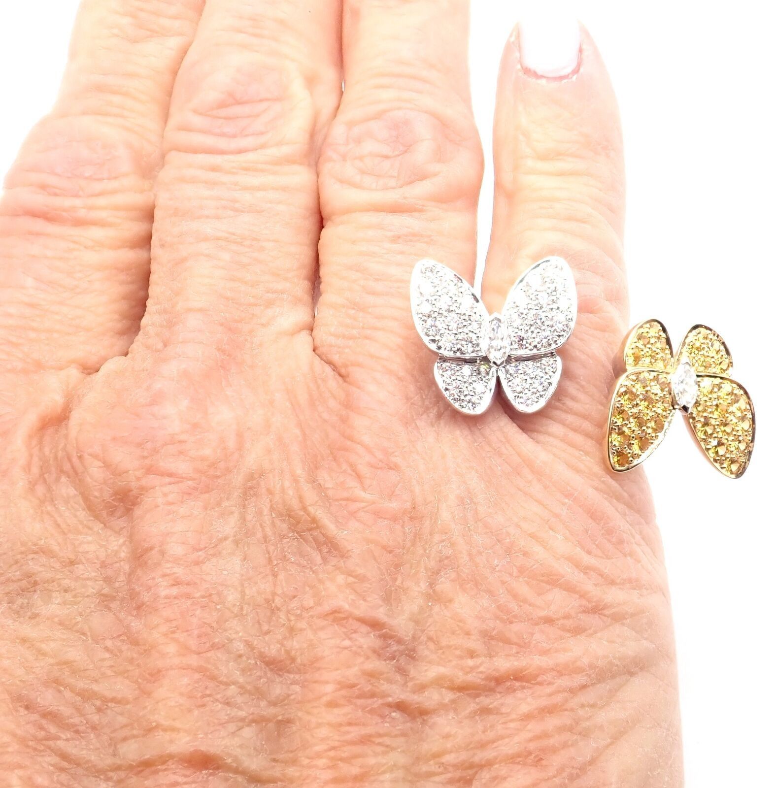 Gold Diamond Sapphire Two Butterfly Between Finger Ring