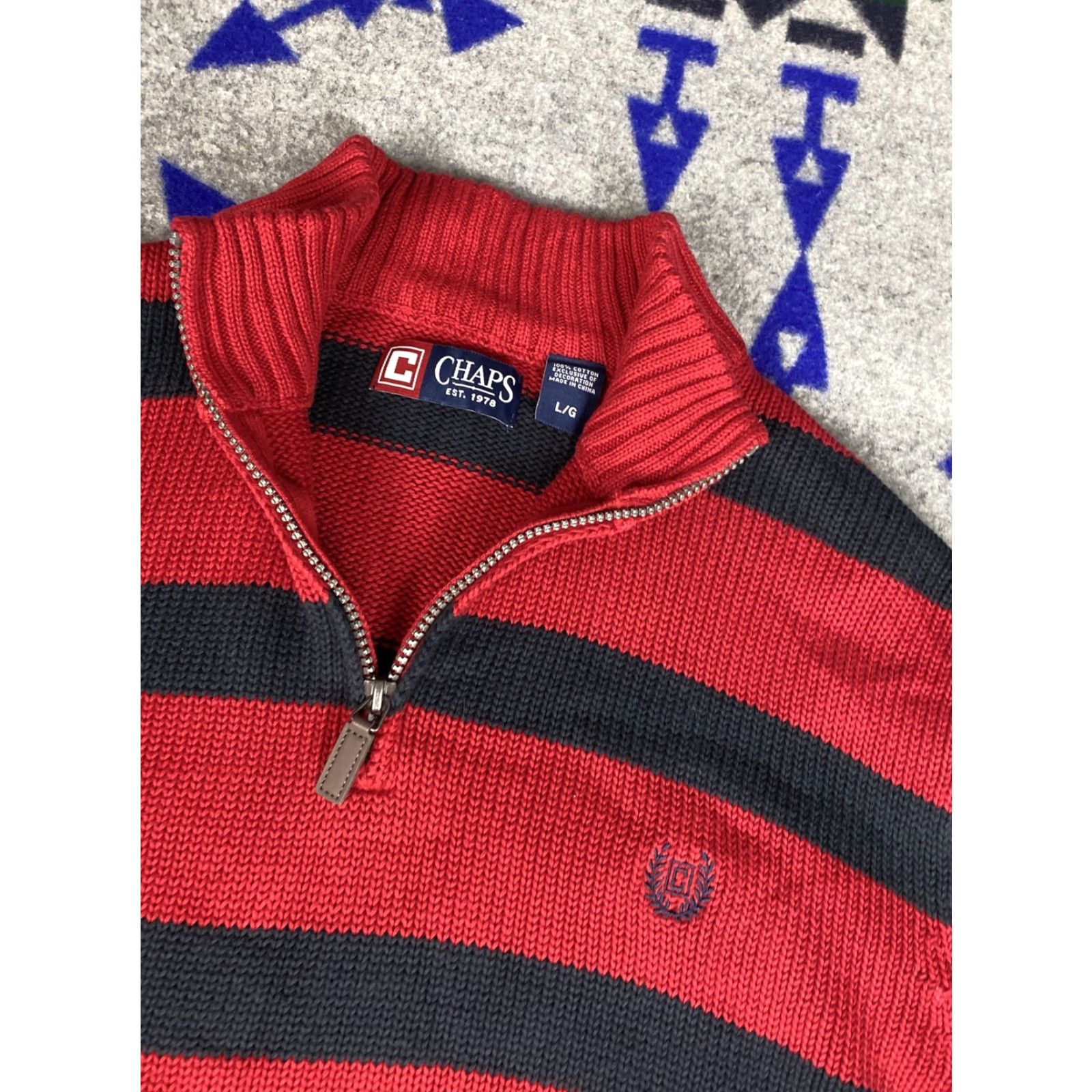 Chaps Chaps Ralph Lauren 1/4 Zip Knit Sweater Mens L Blue Red Stripes Pullover Knit Wool? Size US L / EU 52-54 / 3 - 2 Thumbnail