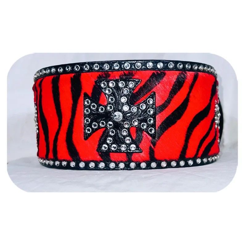Other Red Zebra Print Pony Hair Leather Studded Iron Cross Belt XL Size 44 - 2 Thumbnail