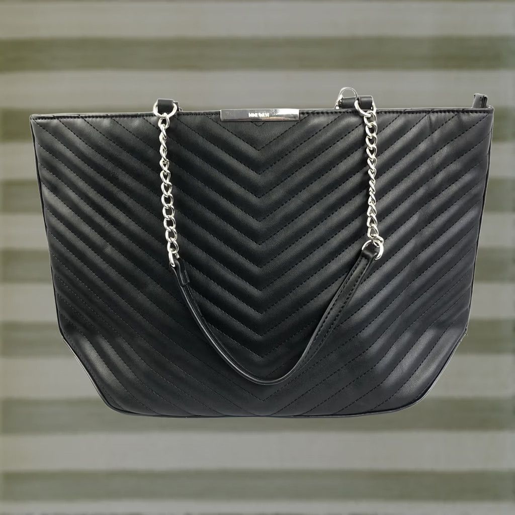 Nine West Tote Handbag Large Faux Leather Quilted Double Chain Handles Purse Womens, Women's