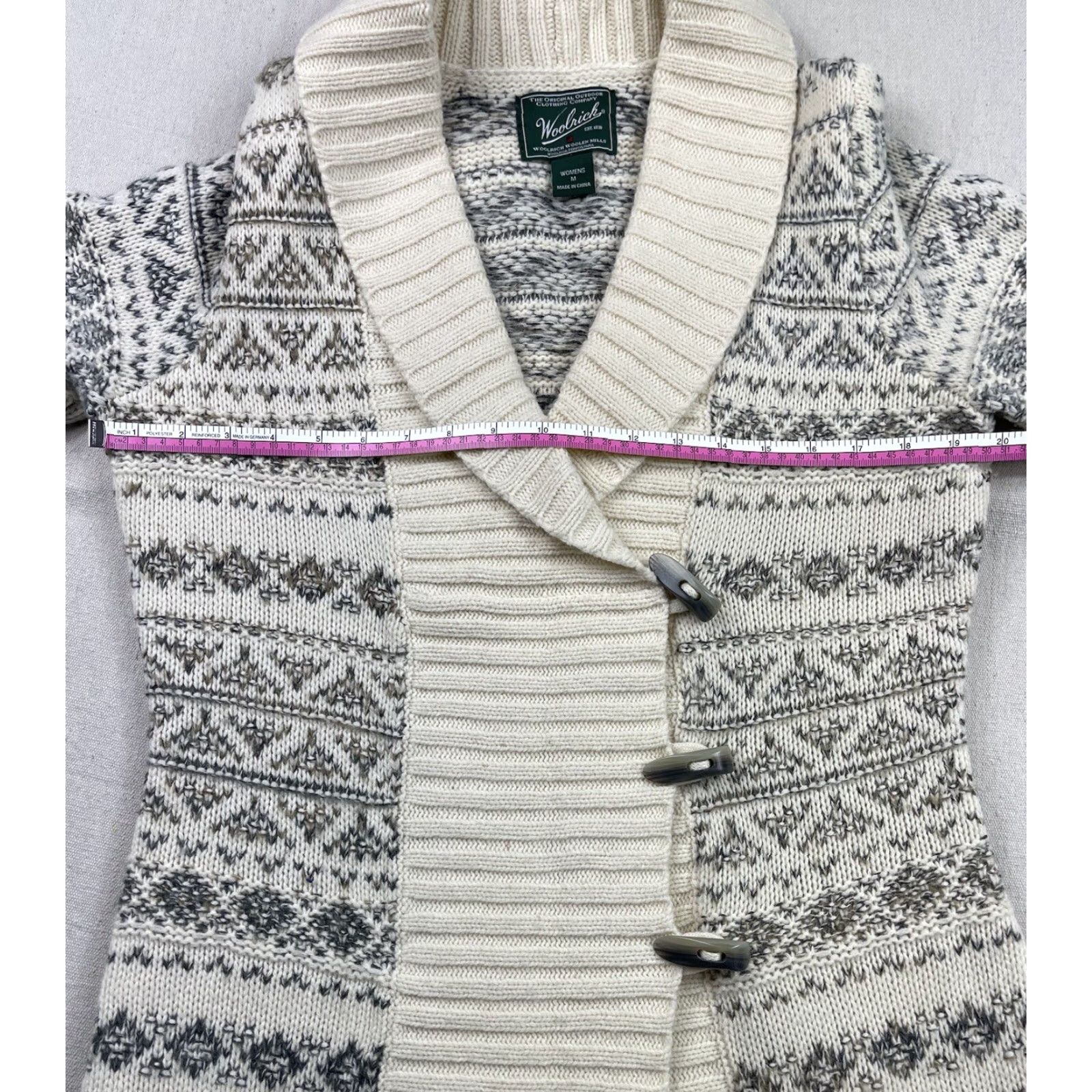 Vintage VINTAGE Woolrich Duster Sweater Cardigan Women’s Medium Wool Aztec Fair Isle Geometric Knit Open Pocket Shawl Collar mantel? Size M / US 6-8 / IT 42-44 - 4 Thumbnail