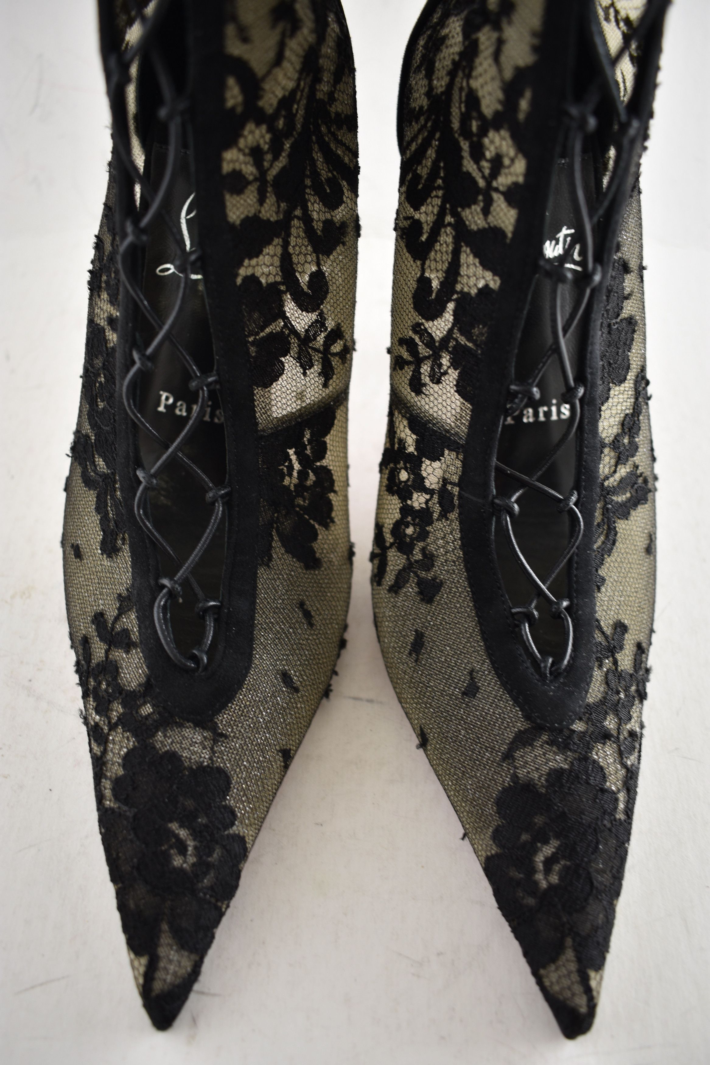 Christian Louboutin KM Lace Booty 100 Black Mesh Lace Up Ankle Heel Bootie 40 Size US 10 / IT 40 - 11 Thumbnail