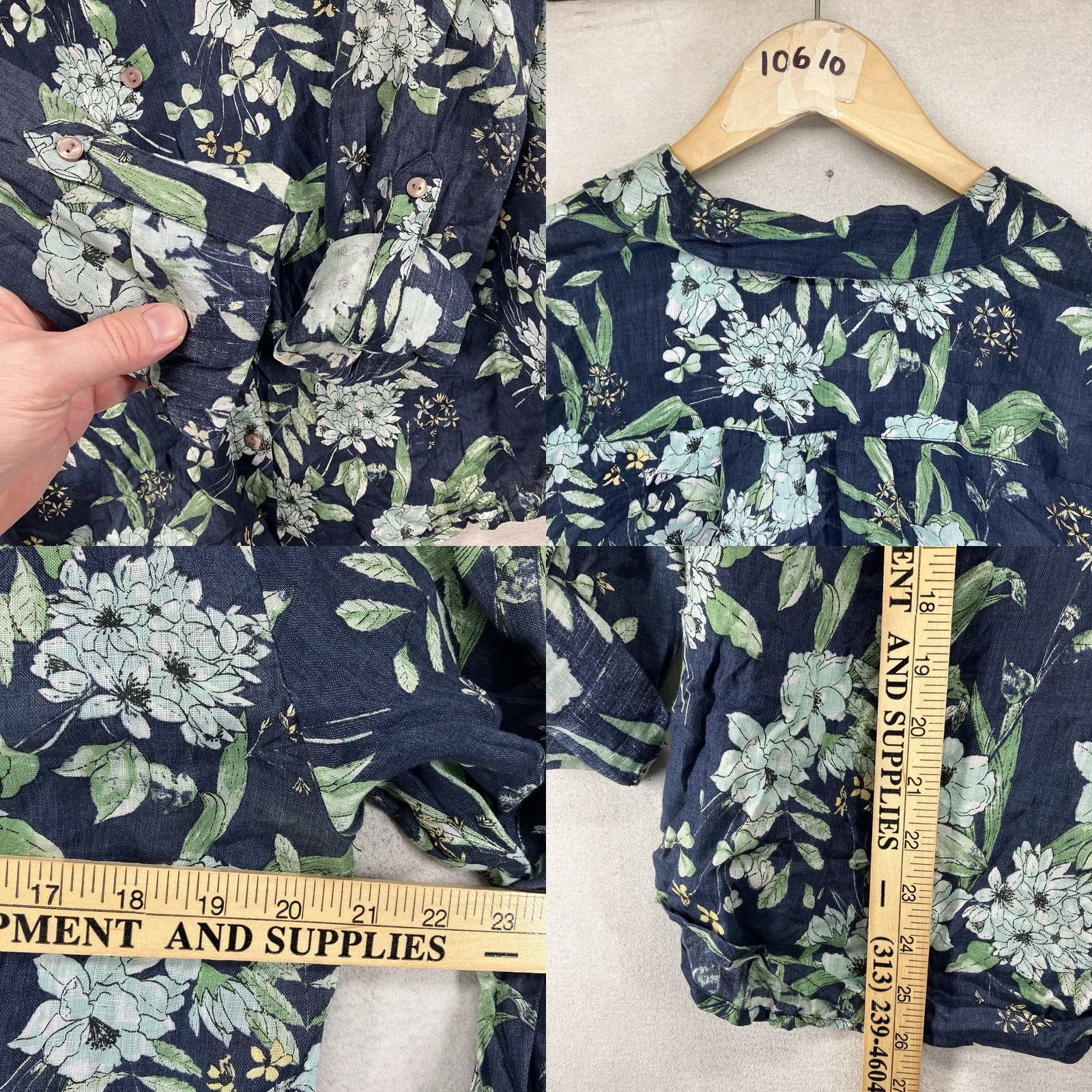 Charter Club Charter Club Women's Button Front Top Linen Roll Tab Sleeve Floral Blue M IP Size M / US 6-8 / IT 42-44 - 9 Thumbnail