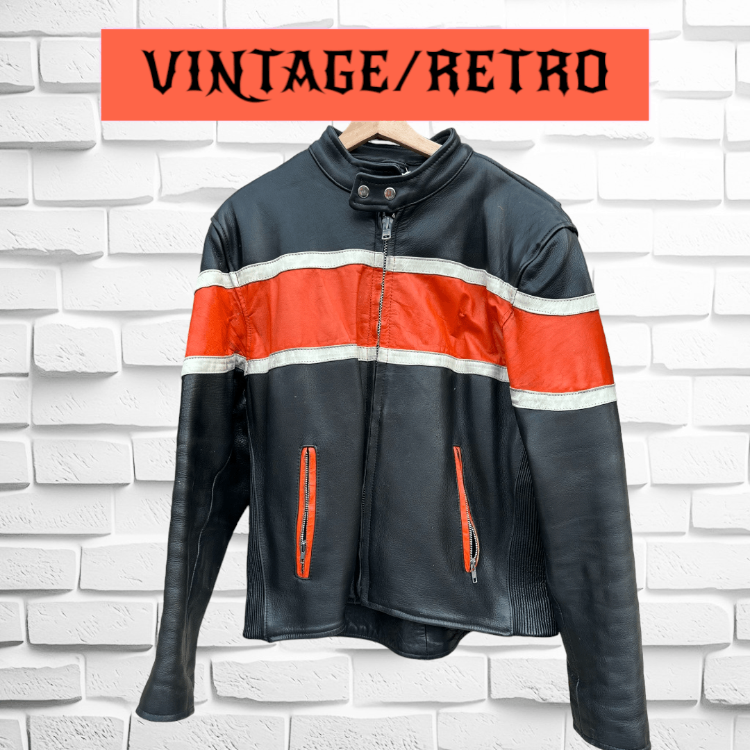 Genuine Leather VINTAGE/RETRO BIKER BLACK/ORANGE Size US S / EU 44-46 / 1 - 1 Thumbnail
