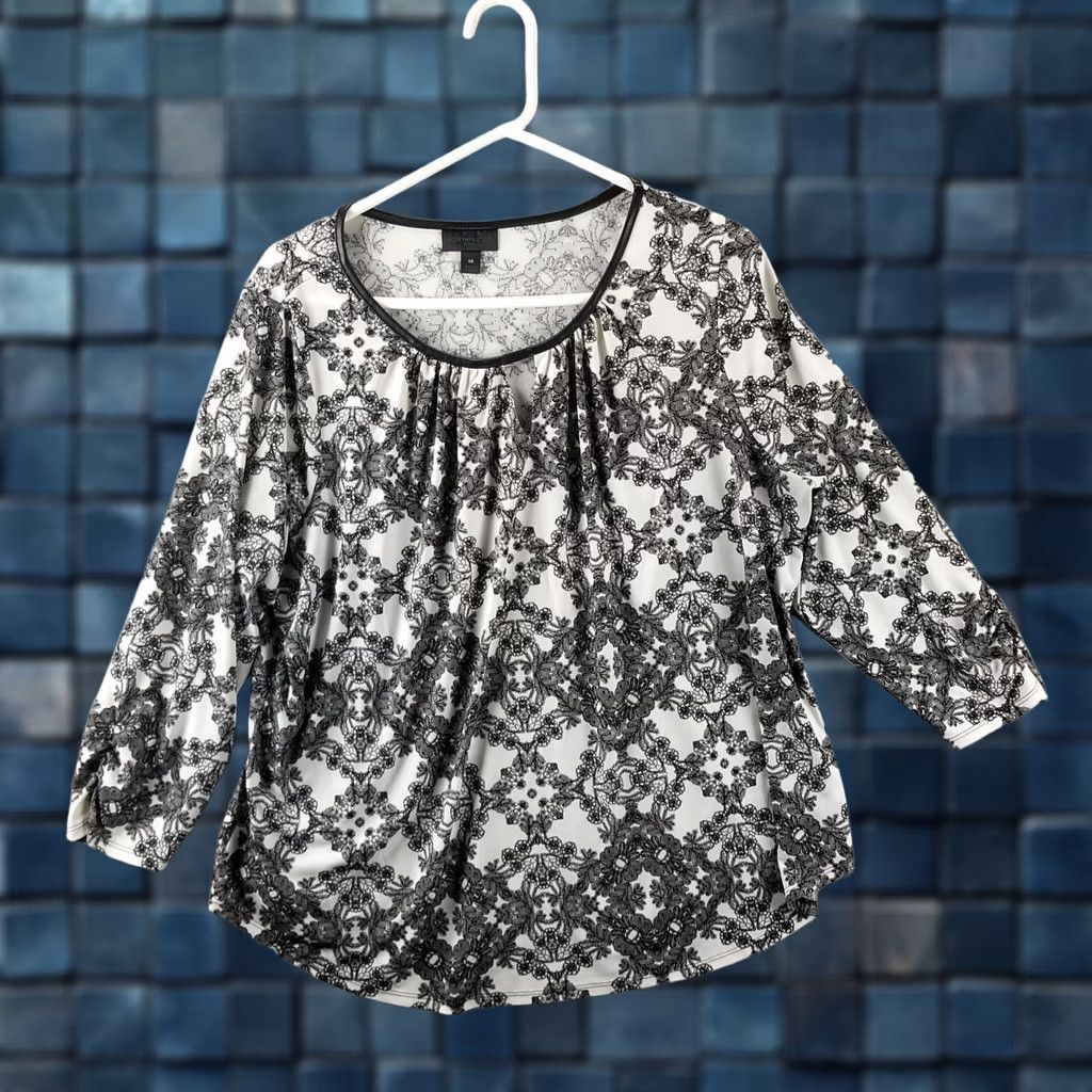 Worthington Worthington Geometric Stretch Blouse Women Plus Size 1X Top Black Geometric, Shirt, Blouse, 1X, Plus, Worthington, Women, Black, Geometric, Stretch Size XL / US 12-14 / IT 48-50 - 1 Thumbnail