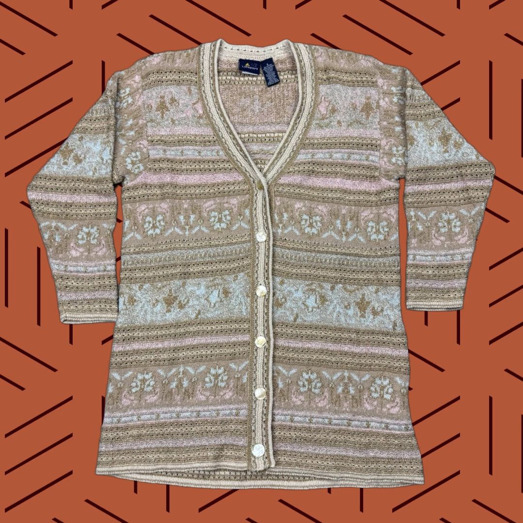 Vintage Vintage 90s Liz Sport Women's Oversized Cardigan Sweater Faux Metallic Knit S Beige Casual Size S / US 4 / IT 40 - 1 Thumbnail