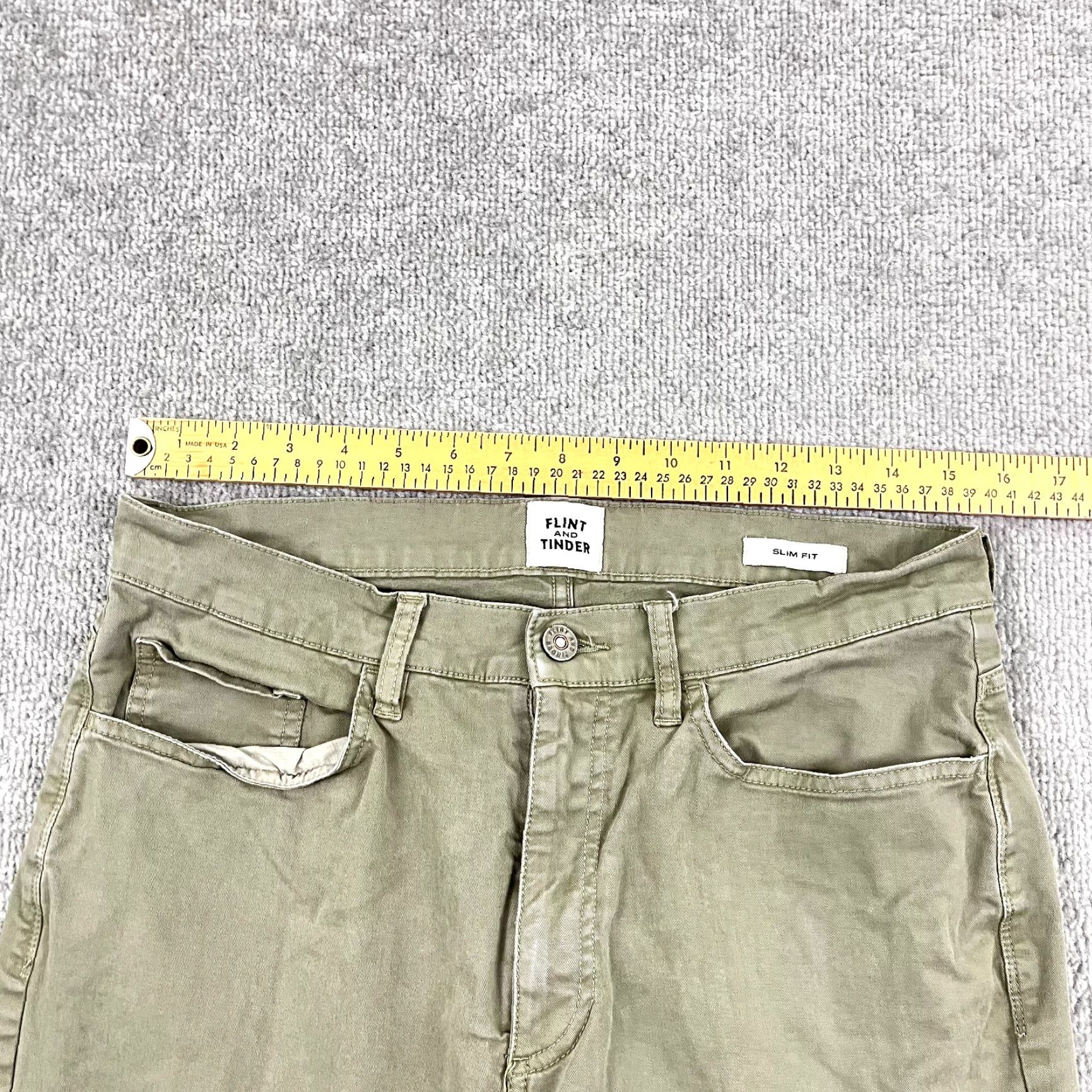 Olive FLINT & TINDER Pants Mens 31x31 Slim Fit Washed Olive Green Chino Casual Travel Size US 31 - 4 Thumbnail
