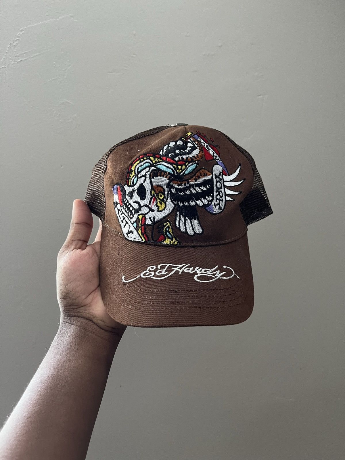 Ed Hardy TWO Ed Hardy Embroidery Skull Trucker Cap Size ONE SIZE - 10 Thumbnail