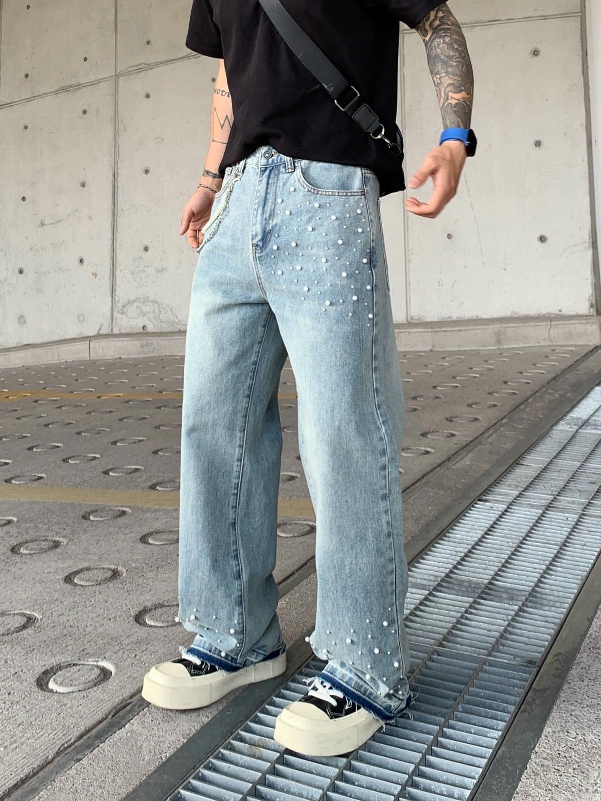 Vintage Blue Distressed Wide Leg Jeans with Pearl Detailing Size US 32 / EU 48 - 1 Thumbnail