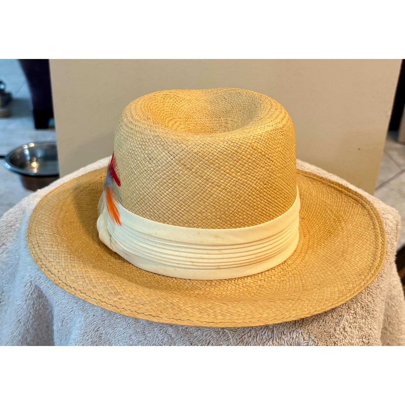 Vintage Vintage Styled By Coralie Straw Hat Feather Gambler Fedora Size ONE SIZE - 2 Thumbnail
