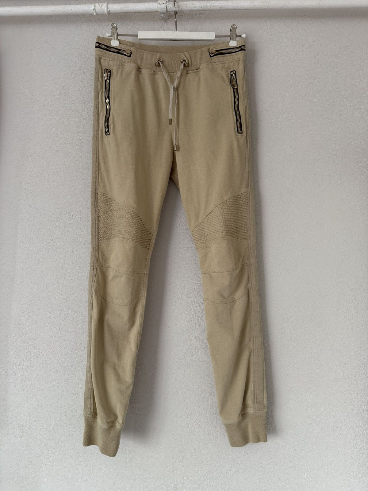 Balmain Beige Biker Joggers with Zip Pockets and Ribbed Panels Size US 32 / EU 48 - 1 Thumbnail