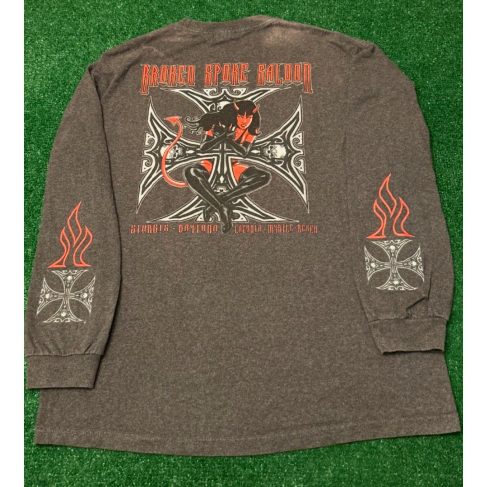 Vintage VINTAGE Broken Spoke Saloon Chrome Skull Cross Flames Biker Long Sleeve Shirt XL Mens Gray Size US XL / EU 56 / 4 - 6 Thumbnail