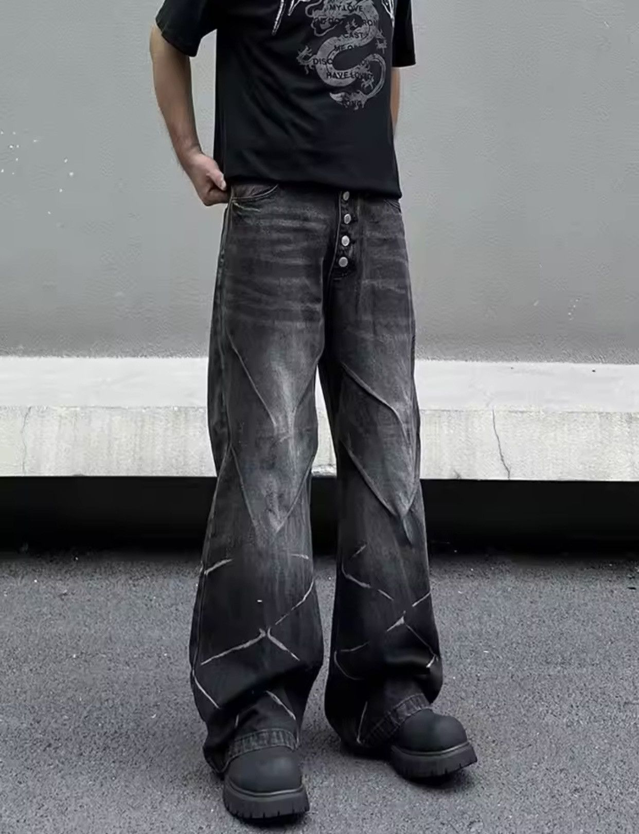 Denime × Vintage Cyber Y2K Streetwear Lightning Pattern Pleated Baggy Jeans Size US 27 - 3 Thumbnail