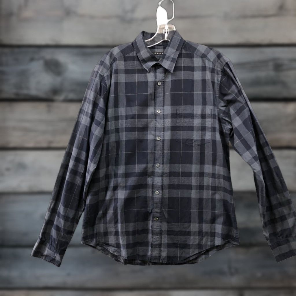 Theory Theory Kyson Long Sleeve Shirt Mens L Navy Blue Plaid Cotton Button-Up Shirt Casual Workwear Men Large Blue Plaid 90s-style Size US L / EU 52-54 / 3 - 1 Thumbnail