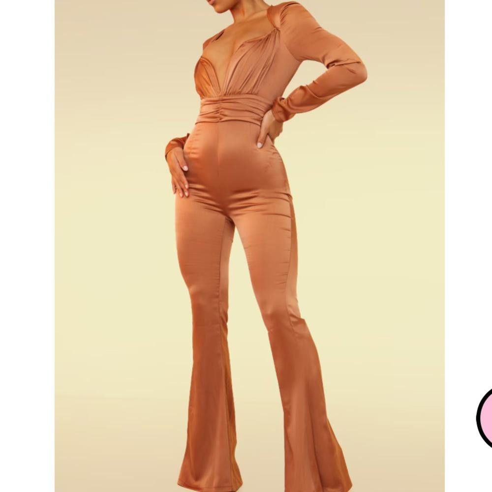 Designer PrettyLittleThing NWT Chocolate Satin Flare Leg Jumpsuit 4 Size 27" / US 4 / IT 40 - 1 Thumbnail