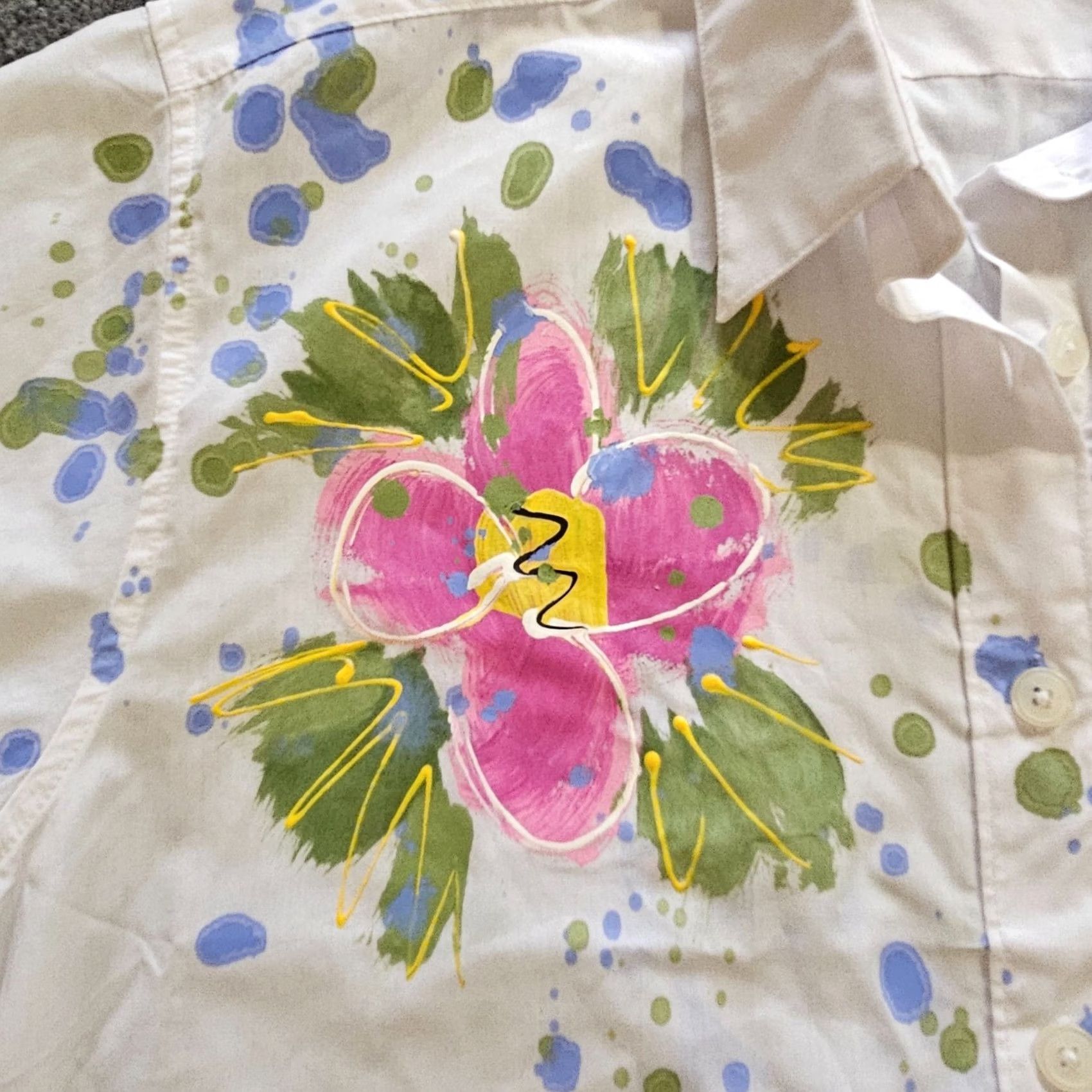 Vintage Victoria Top Women’s XL White Pink Floral Hand Painted Button Casual Blouse Size XL / US 12-14 / IT 48-50 - 6 Thumbnail