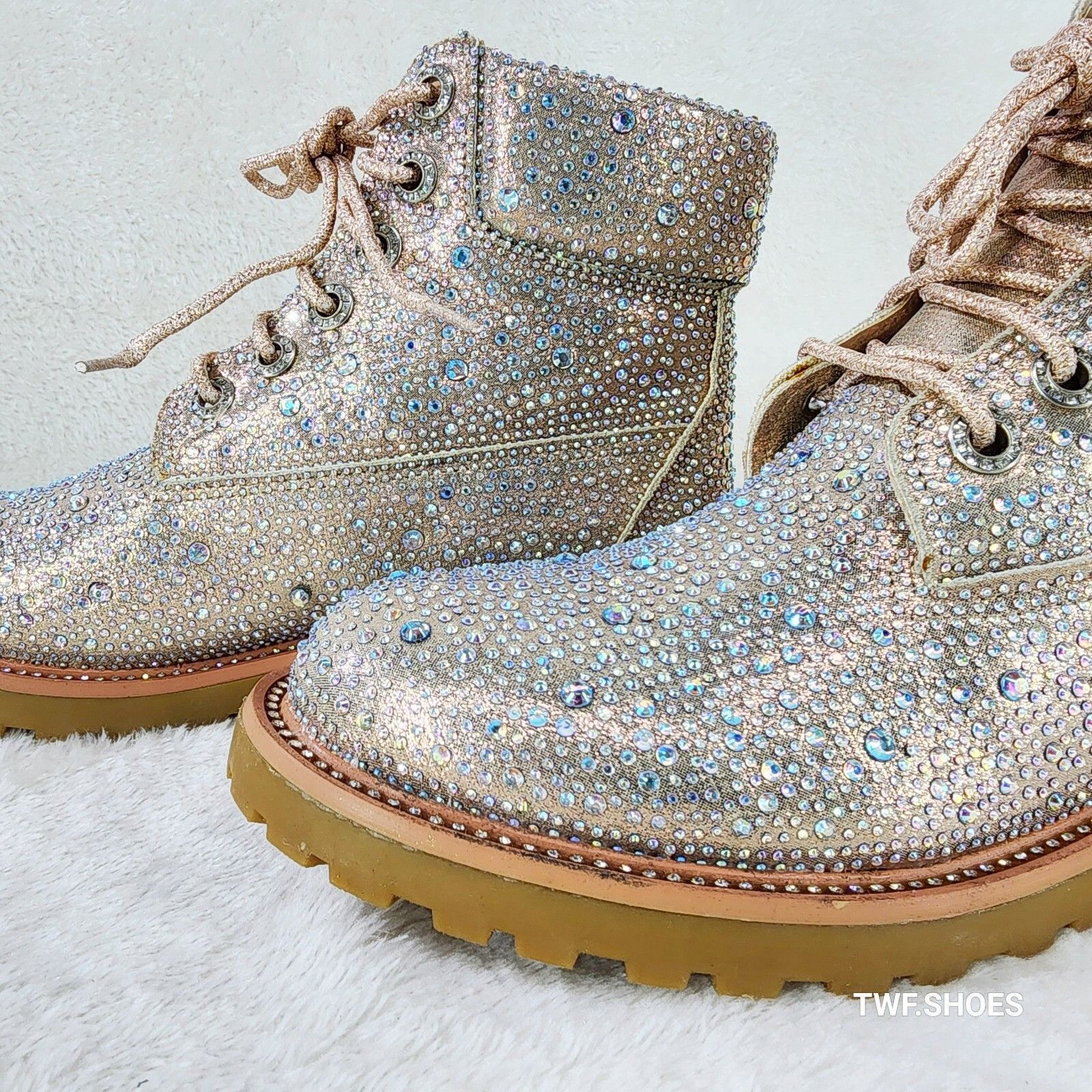 Other Wonder Sparkling Rhinestone Combat Ankle Boots Metallic Rose Size US 6 / IT 36 - 5 Thumbnail