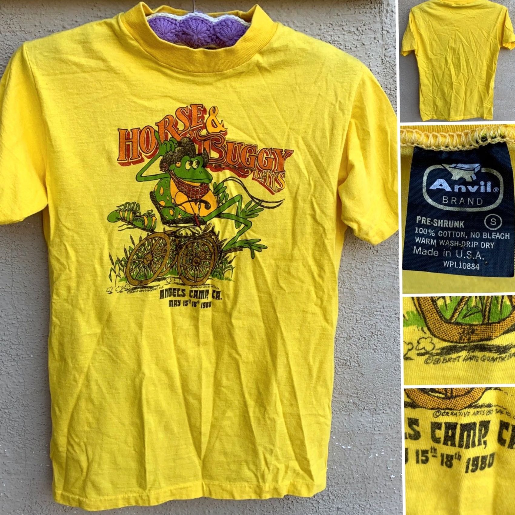 Anvil VINTAGE Angels Camp CA May 15-18 1980 T-Shirt S Anvil Unisex Short Sleeve Made In USA Yellow Graphic Tee 80s Horse & Buggy Days Size US S / EU 44-46 / 1 - 2 Thumbnail