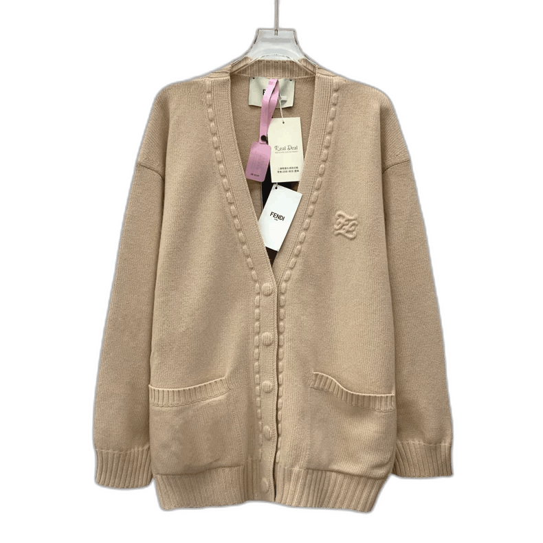 Fendi Beige Logo V-Neck Cardigan Sweater