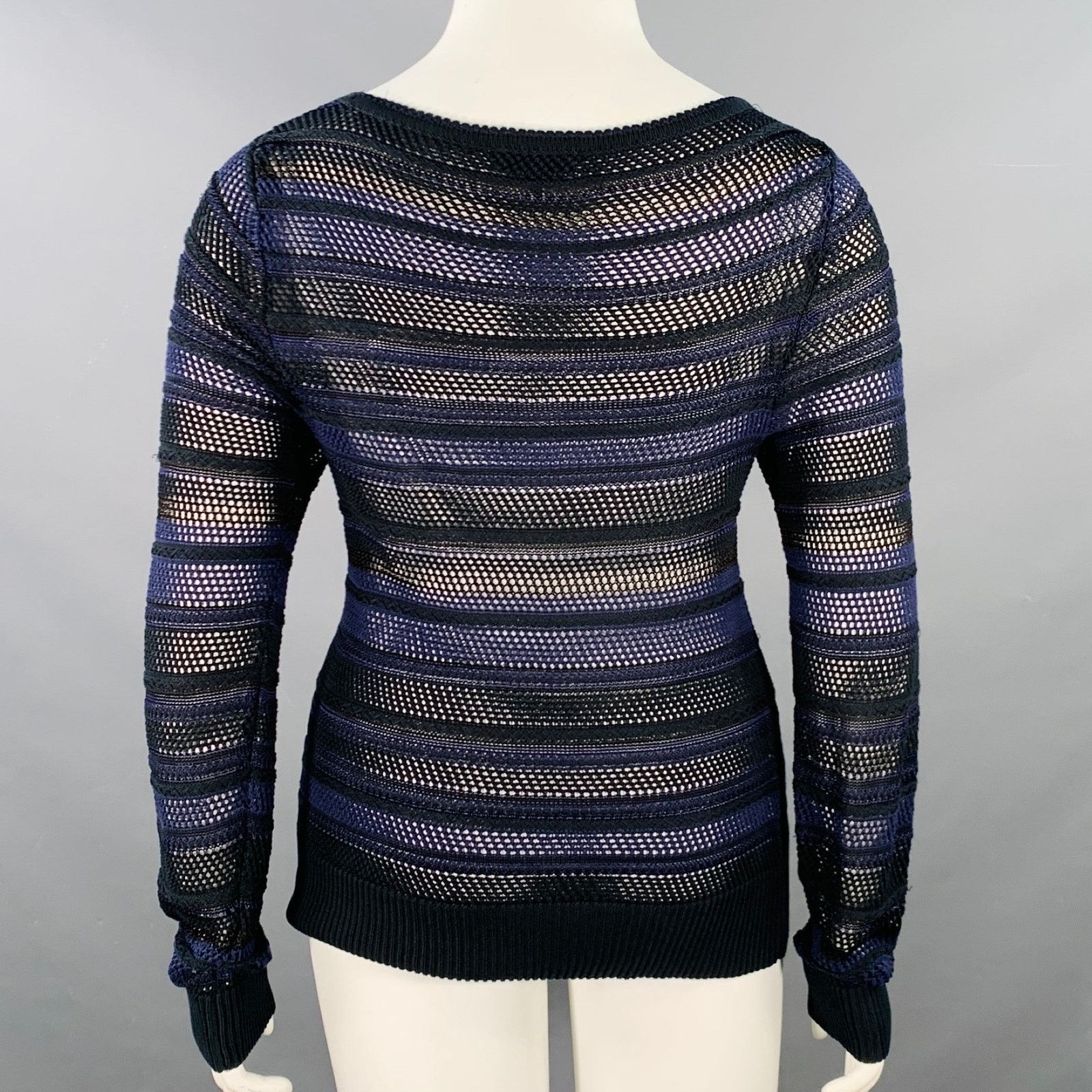 Rag & Bone L Navy Black Cotton Blend Textured Stripe Open Knit Pullover Size L / US 10 / IT 46 - 4 Thumbnail