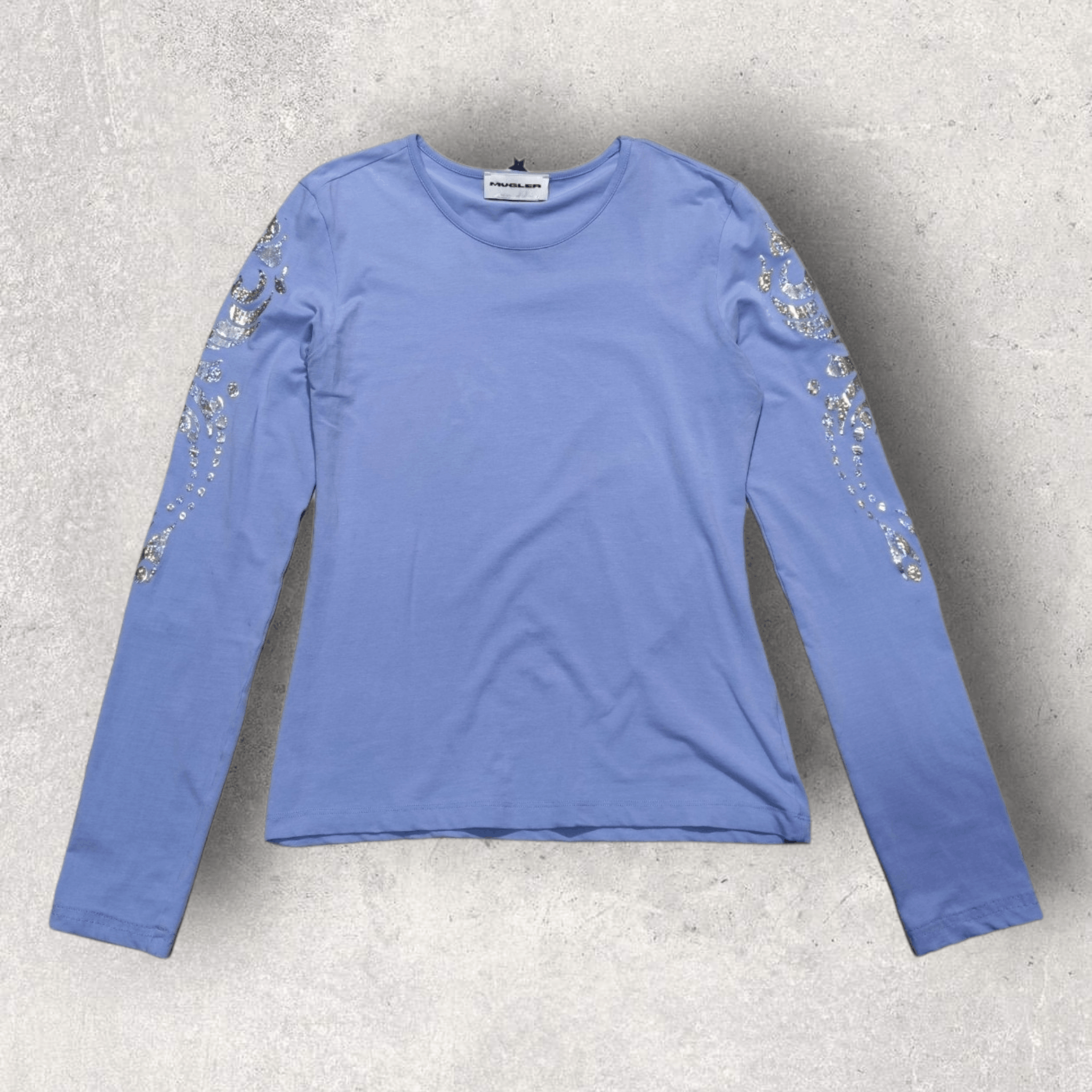 image of Vintage Thierry Mugler Long Sleeve T Shirt Top in Blue, Women's (Size Medium)