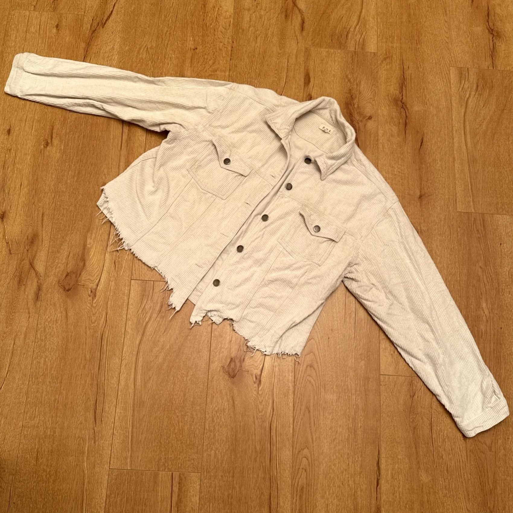 Vintage POL Corduroy Jacket Cropped Button Up Striped Beige Women's Medium Boho Pockets Raw Hem Fall Spring Vintage No Size M / US 6-8 / IT 42-44 - 2 Thumbnail