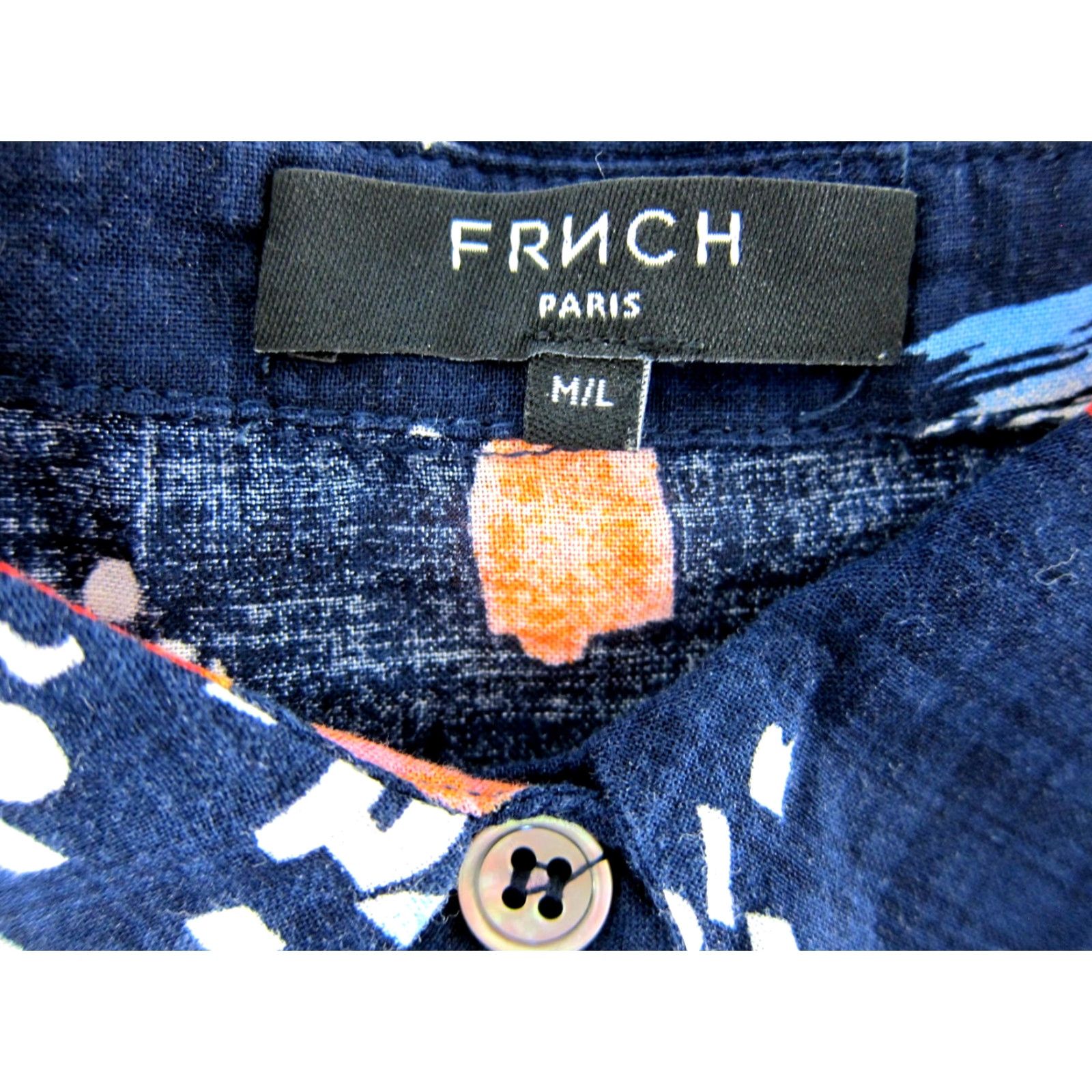 Vintage FRNCH Paris Shirt Dress M/L Cotton Navy Blue Orange Pink Short Sleeve Collared Shirt Dress Women Size M / US 6-8 / IT 42-44 - 3 Thumbnail