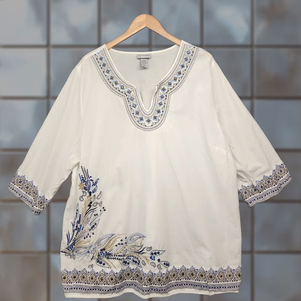 Vintage VINTAGE Catherines Blouse 3X Women Plus 26/28 White Embroidered Boho 3/4 Sleeve Tunic Mens Womens Size XXL / US 16-18 / IT 52-54 - 1 Thumbnail